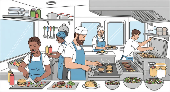 Busy restaurant kitchen scene with diverse staff preparing food, cooking burgers on a grill, and assembling dishes, conveying teamwork and fast-paced service.