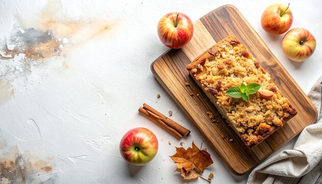 Freshly baked apple crumble with oats on rustic wooden cutting board, overhead view