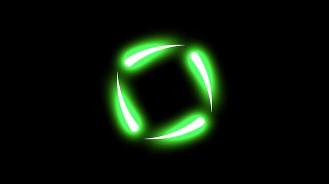 Neon green glowing motion lines rotating in a circular loop. Abstract energy swirl animation on black background.