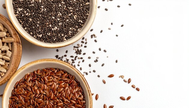 Chia seeds and flax seeds on white background, healthy food ingredients, close-up