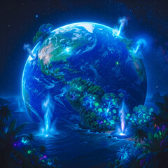 Fototapeta premium Pianeta Terra con foreste bioluminescenti e fontane di luce, concetto di ecologia e fantasia, IA generativa