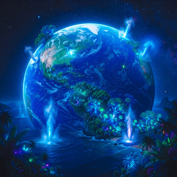 Pianeta Terra con foreste bioluminescenti e fontane di luce, concetto di ecologia e fantasia, IA generativa