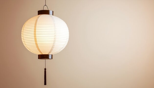 Minimalist Single Hanging Japanese Chochin Paper Lantern with Warm Glow and Tassel on Neutral Background for Obon Festival and Copy Space