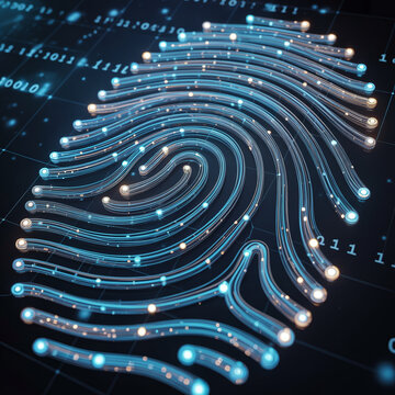 Glowing fingerprint pattern with binary code biometric security identification data analytics