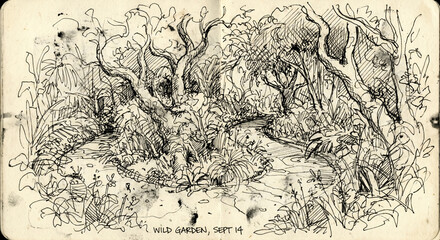 Obraz premium Artistic Black Ink Sketch of Wild Garden Forest Landscape
