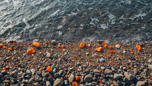 海辺に堆積した細かなプラスチック片を示す環境問題の記録写真