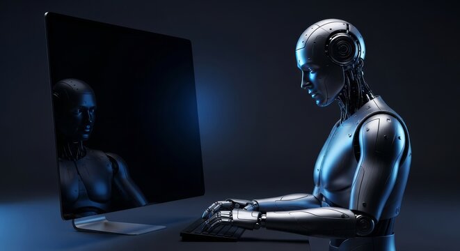 A futuristic humanoid robot sits motionlessly before a dark computer monitor, reflecting a sense of stillness and technological silence, robot, shadows, device