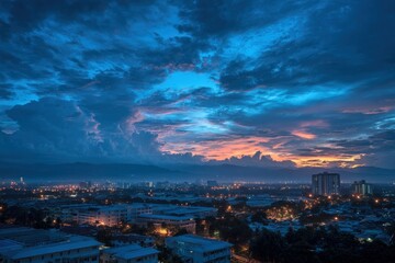 Naklejka premium Dramatic cityscape at twilight with vibrant sky