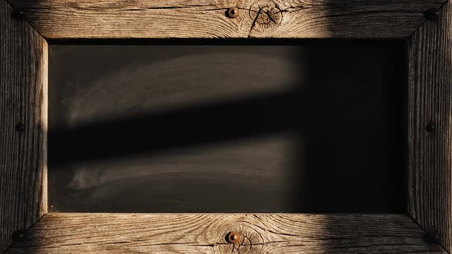 Rustic wooden frame around a blank black chalkboard
