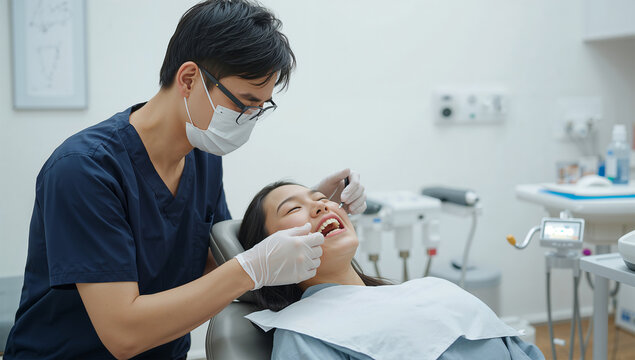 現代的な歯科クリニックで定期検診を受ける患者と歯科医師