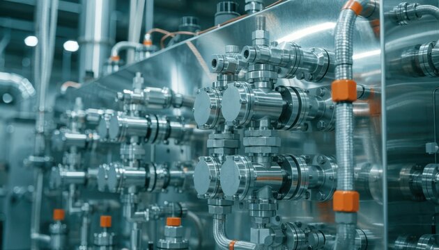 Stainless panel gas skid featuring advanced valve arrays and connectors highlighting efficient integration of highpurity gas systems for automated fab tool operations.