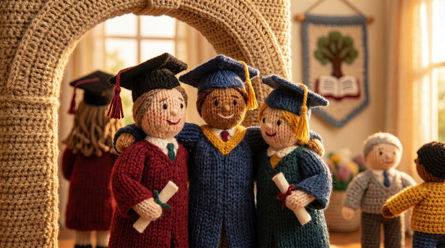 Graduation academic milestones celebrated with knitted dolls wearing caps and gowns showing friendship and achievement in warm setting