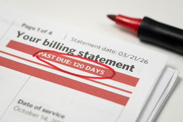 Obraz premium Medical bill showing a past due date circled with a red marker, emphasizing financial obligations, overdue payments, and personal finance management.