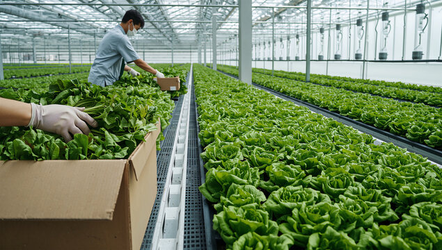 温室で葉物野菜を収穫する日本人の手元を写した農業写真