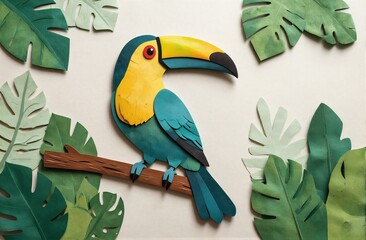 Obraz premium Vibrant toucan perches on branch surrounded by lush green tropical