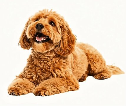 Happy Apricot Cavapoo Dog Lying Down on White Background