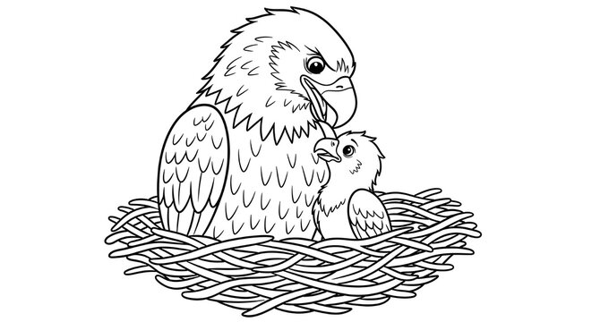 Mother eagle and chick in nest illustration line art drawing
