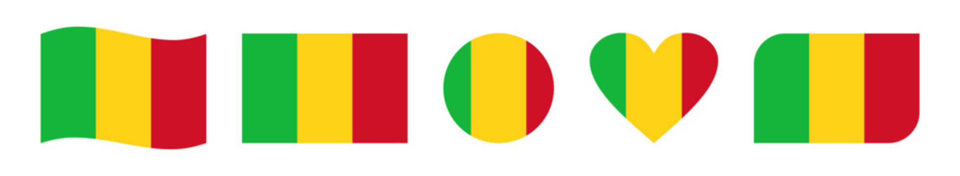Set of five creative Mali flag vector designs featuring wavy, circular, heart-shaped, rounded-corner, and rectangular styles, symbolizing national pride and patriotic celebration