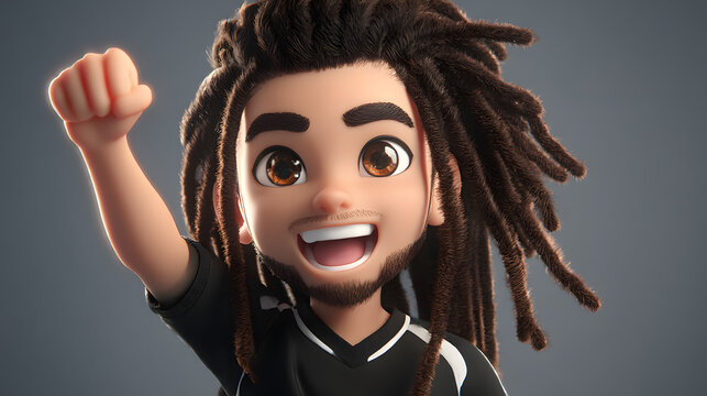 ドレッドヘアで不精髭の男性キャラクターが拳を上げて喜ぶ(A male character with dreadlocks and an unkempt beard raises his fist in joy.)