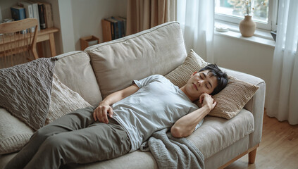 Obraz premium リビングのソファでうたた寝する日本人男性のくつろぎ写真