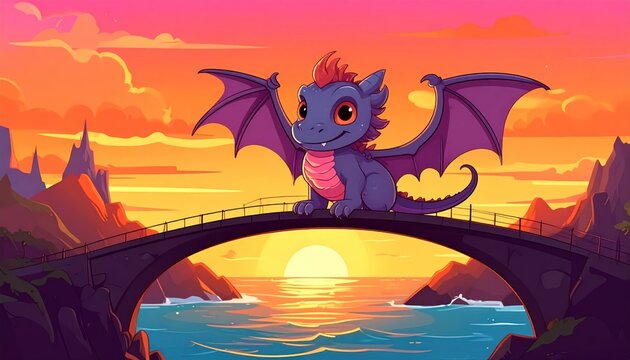Cute dragon on a bridge at sunset.