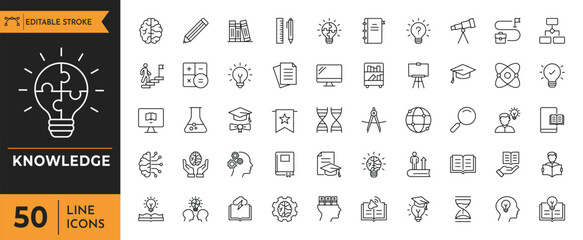 Knowledge outline icon set. Containing cognition, efficiency, genius, idea, and more. Editable stroke. Vector illustration. © twenty-icons