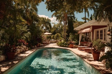 Obraz premium Serene tropical poolside retreat with lush greenery