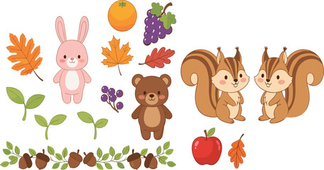 Fototapeta premium Cute autumn animals vector illustration set with rabbit, bear and squirrels, fall leaves and fruits, woodland seasonal elements isolated on white background