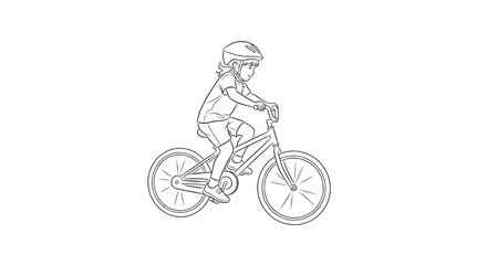 Fototapeta premium young girl cycling on white bicycle with helmet line art illustration