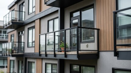 Fototapeta premium Closeup of a midrise residential building exterior showing modern balcony railings and window details the focused balcony contrasting with an outoffocus facade background.