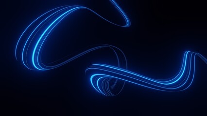Dynamic abstract glowing neon blue light trails curving and swirling in a dark spacious environment creating a sense of speed and energy a futuristic visual concept © FamousDesignMarket
