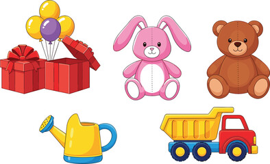 Vector Set of Fun Toys and Gifts Including Balloons, Teddy Bears, Truck, and Watering Can for Kids and Children’s Design Projects © SUMON