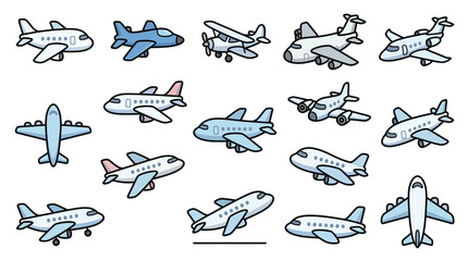 A collection of diverse cartoon airplanes in various poses and styles, showcasing different aircraft designs. © geira