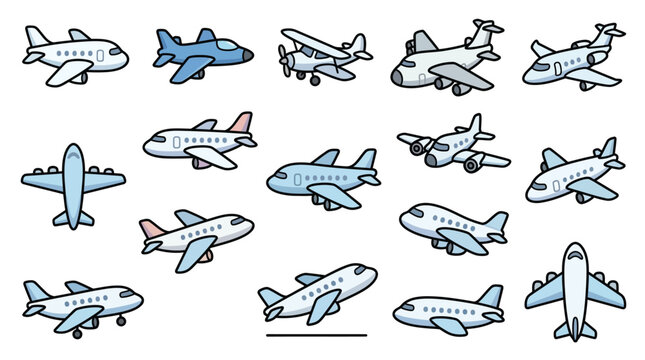 A collection of diverse cartoon airplanes in various poses and styles, showcasing different aircraft designs.