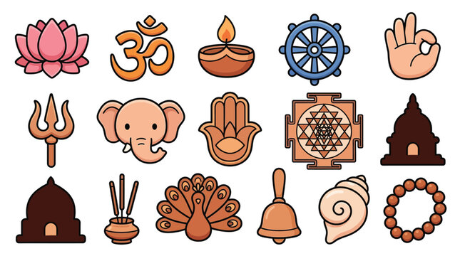 A collection of colorful icons representing various symbols of Hinduism, Buddhism, and Jainism, including Om, lotus, dharma wheel, and more.