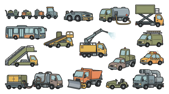 Collection of various airport ground support vehicles and transportation, including buses, baggage carts, service trucks, and specialized equipment.