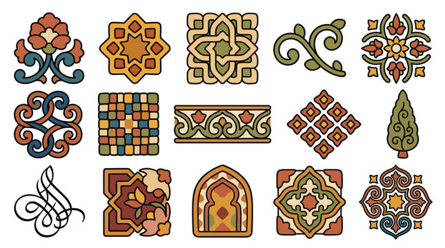 A collection of intricate Islamic geometric patterns and floral motifs, rendered in warm earthy tones with detailed linework.