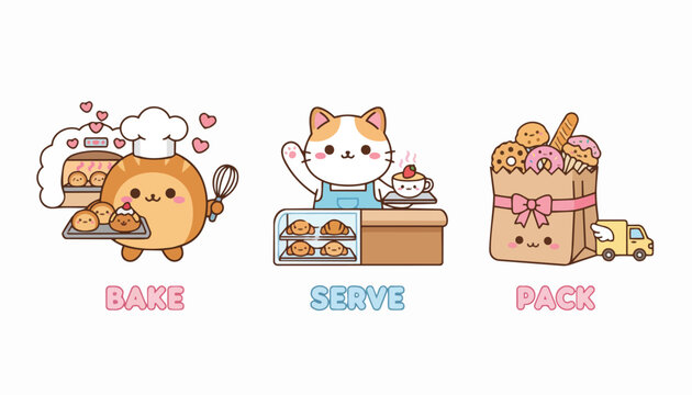 Cute Kawaii Cat Bakery Vector Illustration Set