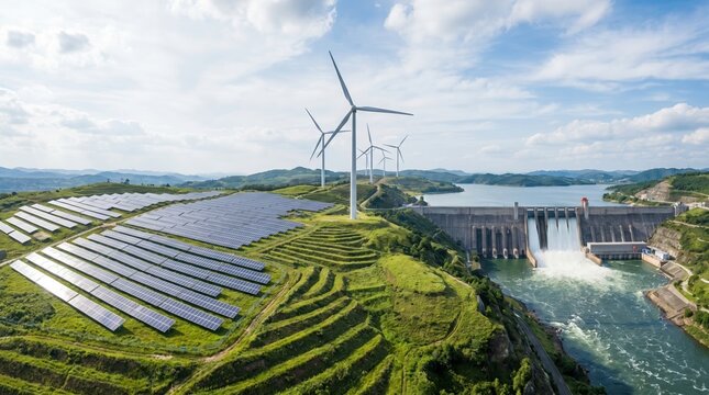 Renewable Energy Landscape with Solar Panels Wind Turbines and Hydroelectric Dam Clean Power Generation Concept