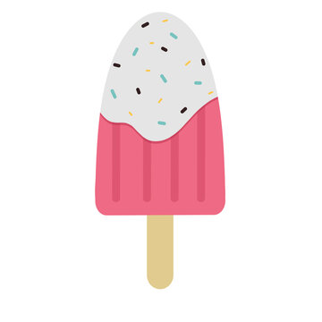 Pink popsicle with white cream topping and colorful sprinkles, delicious frozen summer treat