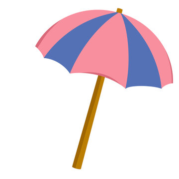 Pink and blue striped beach umbrella for sun protection and relaxation at the seaside