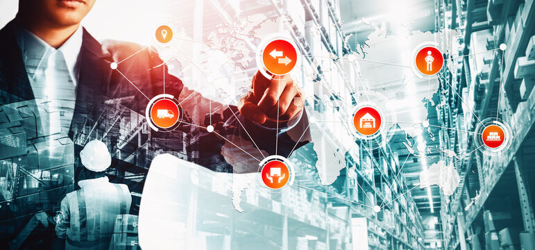 Smart warehouse management system with innovative internet of things technology to identify package picking and delivery . Future concept of supply chain and logistic network business .