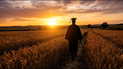 Fototapeta premium Walking Away After Graduation: Back View Silhouette, Cap and Gown, Campus Sunset – New Beginnings