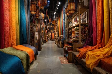 Naklejka premium Vibrant textiles in a bustling marketplace alleyway