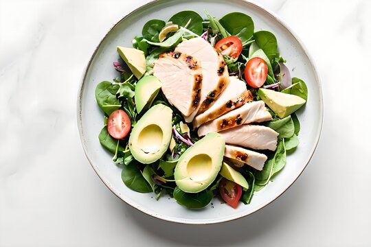Fresh and colorful salad with sliced grilled chicken, avocado halves, cherry tomatoes, and mixed leafy greens. A healthy and balanced meal ideal for themes related to wellness, clean eating, and nutri
