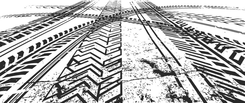 Tires and street mark impressions abstract road texture and tread patterns