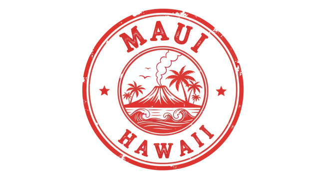 Maui Hawaii Stamp - Volcano, Palm Trees, Ocean Waves - Vintage Style