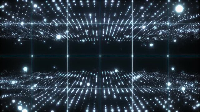 Abstract glowing particles moving in grid formation, futuristic digital space