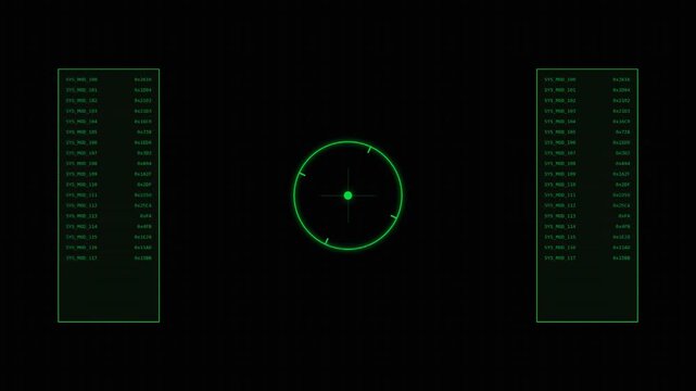 A digital interface featuring glowing green radar displays with numerical data on a black background