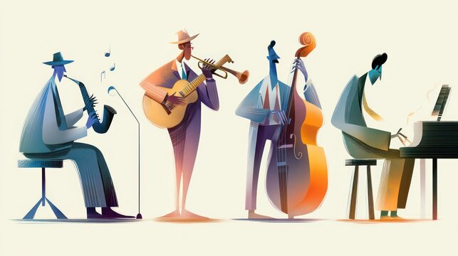 Cartoon illustration of a jazz band playing their instruments against a plain background